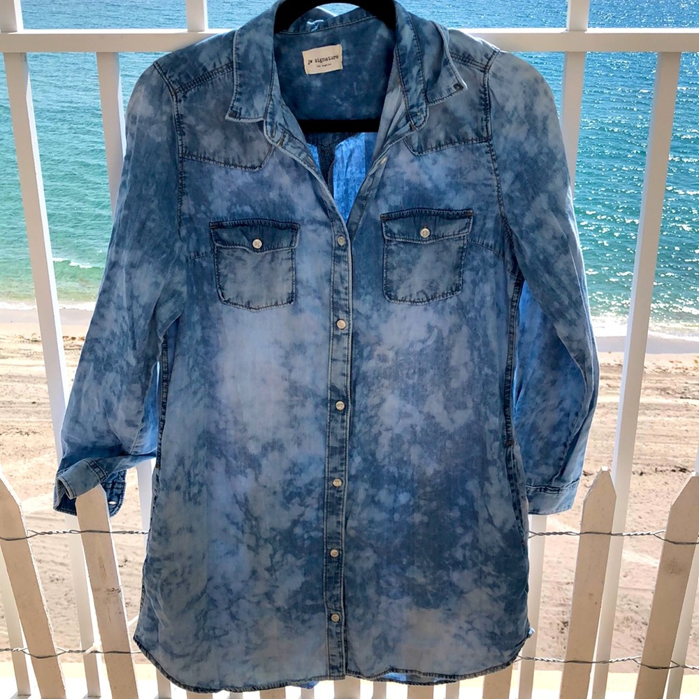 JW Signature western Denim like blue splattered Button Down Dress size L - Picture 3 of 7